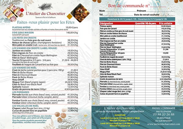 Carte Traiteur de Noël de L'atelier du Charcutier à Lampertheim en 2025